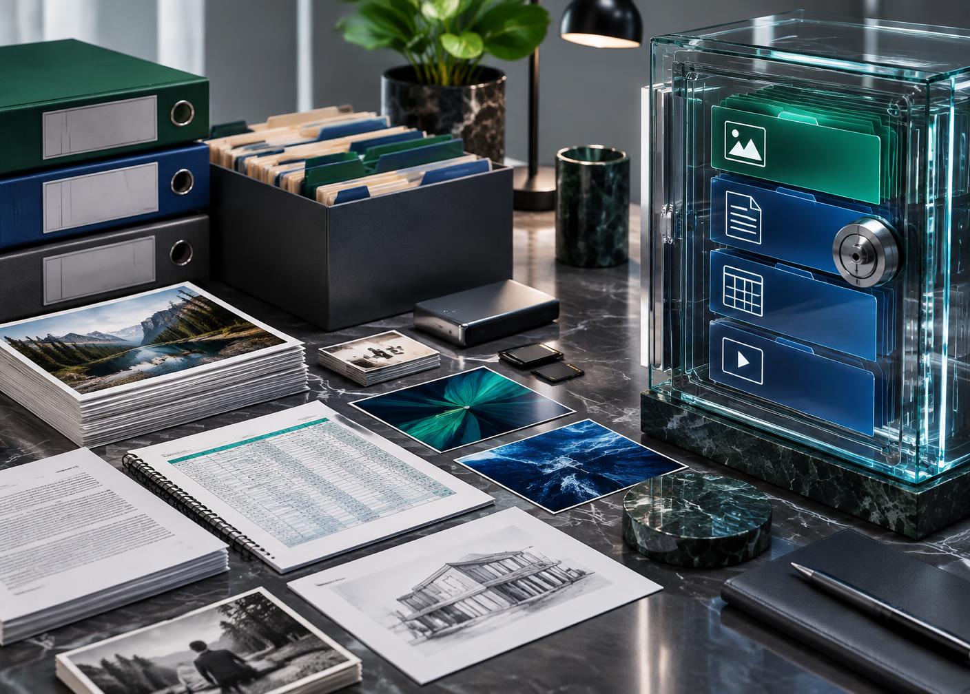 Documents, photographs and data organized inside a secure archive