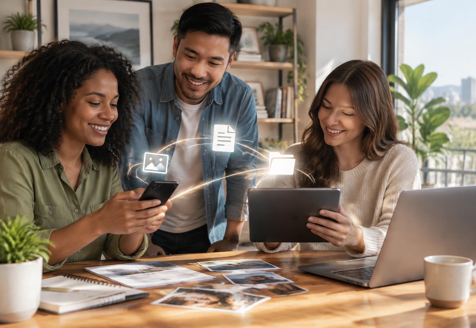 People moving personal, study and work files between devices
